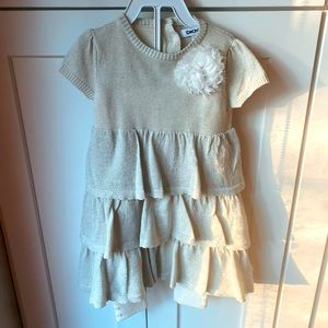 DKNY Gold dress with shinny glitter and beige leggings.